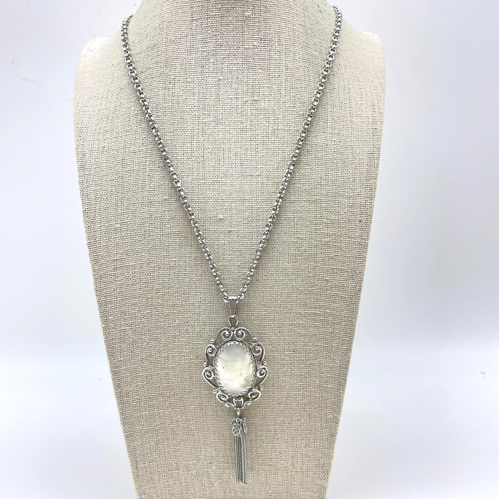 Vintage Silver Tone Pendant Necklace Iridescent Oval Bead With Tassel